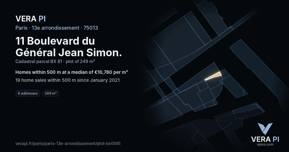 11 Boulevard du Général Jean Simon, 13e arrondissement at night – the plot lit, the parcels around coloured by the prices near them
