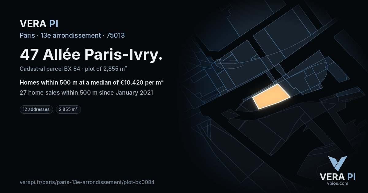 47 Allée Paris-Ivry, 13e arrondissement at night – the plot lit, the parcels around coloured by the prices near them