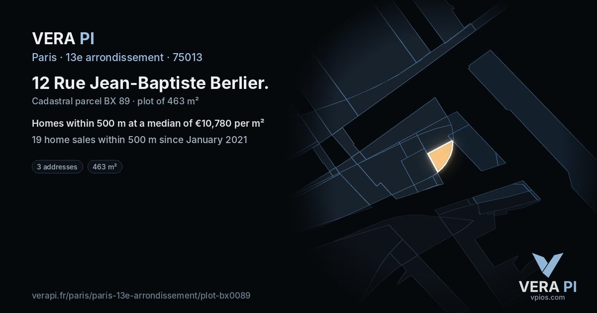 12 Rue Jean-Baptiste Berlier, 13e arrondissement at night – the plot lit, the parcels around coloured by the prices near them