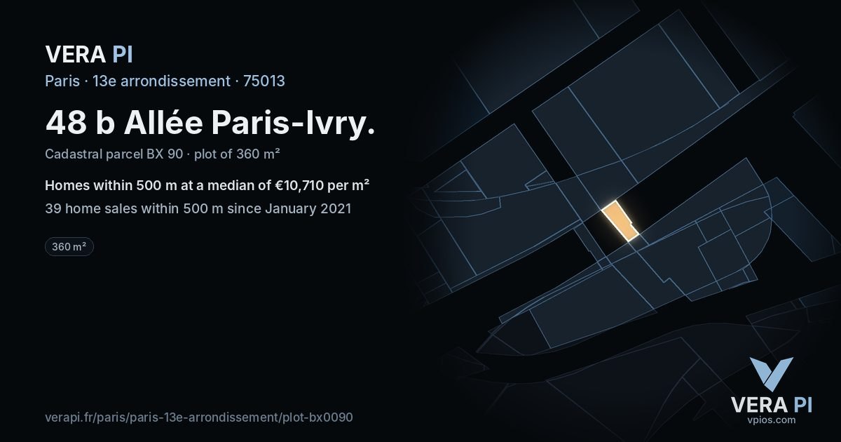 48 b Allée Paris-Ivry, 13e arrondissement at night – the plot lit, the parcels around coloured by the prices near them