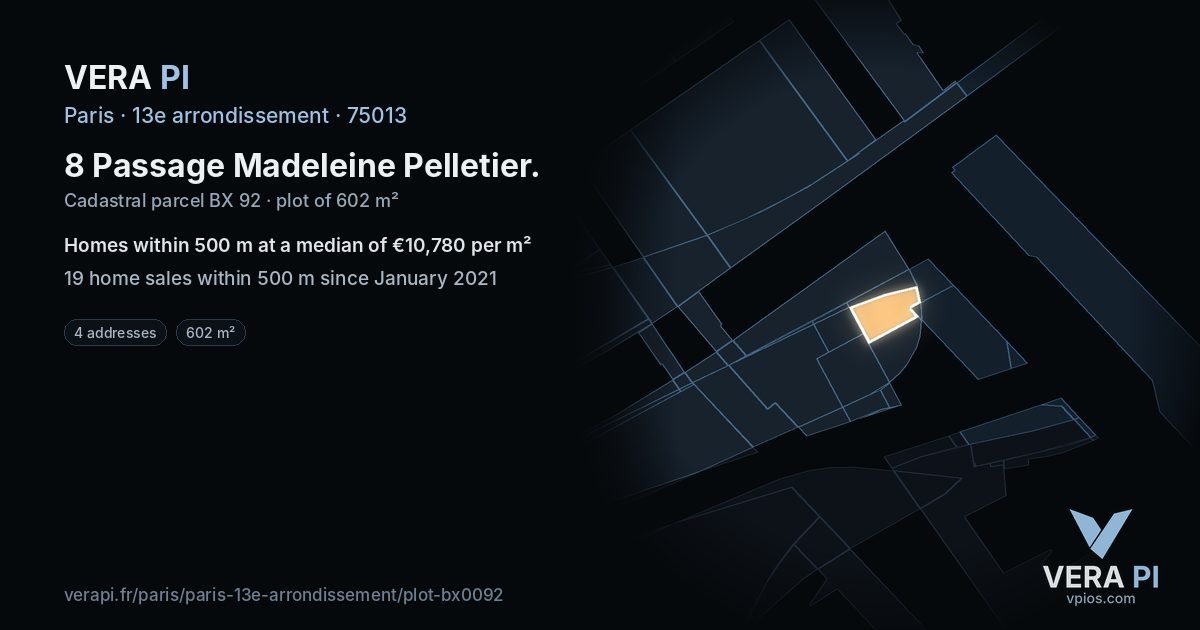 8 Passage Madeleine Pelletier, 13e arrondissement at night – the plot lit, the parcels around coloured by the prices near them