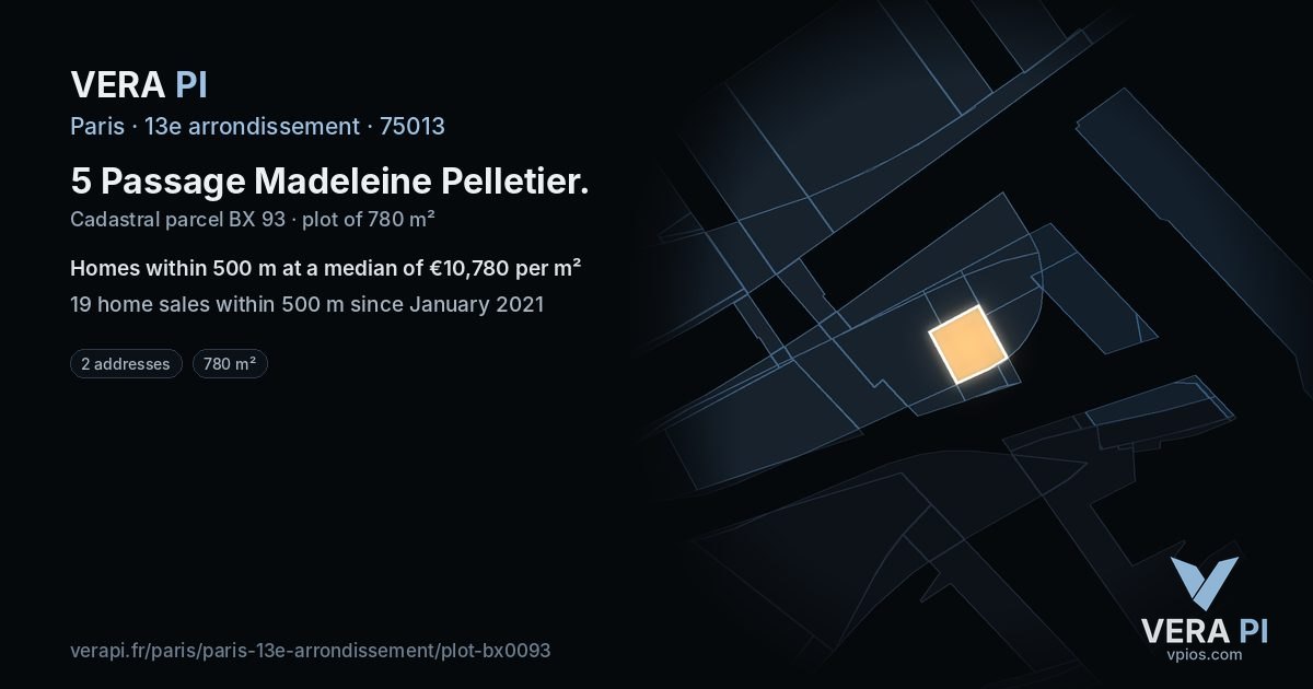 5 Passage Madeleine Pelletier, 13e arrondissement at night – the plot lit, the parcels around coloured by the prices near them