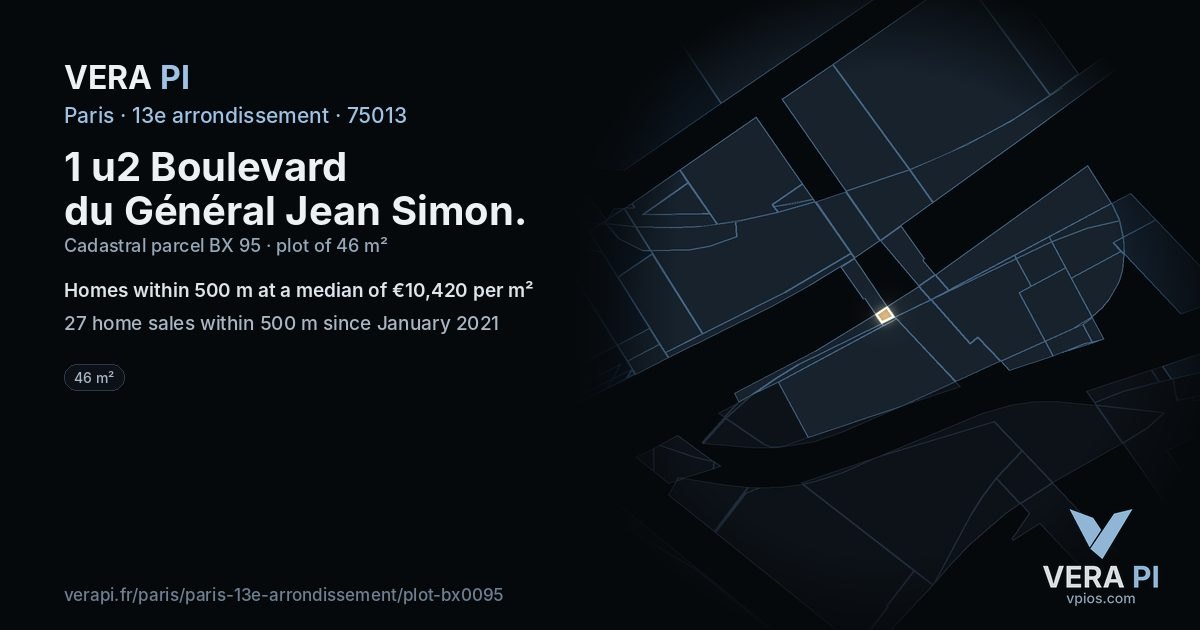 1 u2 Boulevard du Général Jean Simon, 13e arrondissement at night – the plot lit, the parcels around coloured by the prices near them