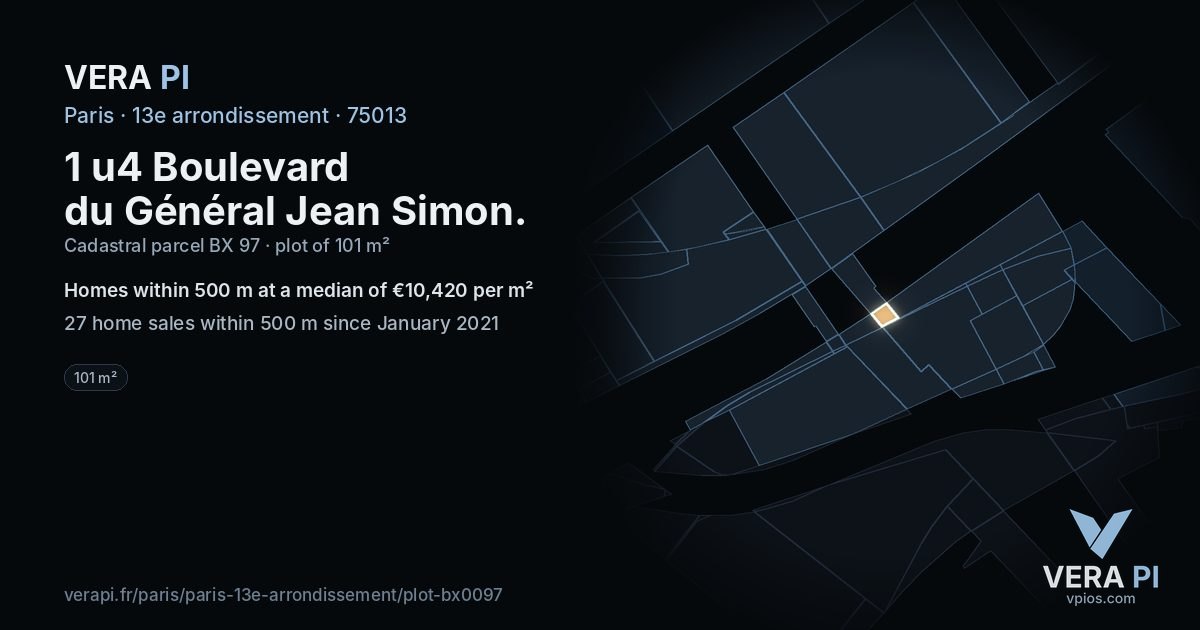 1 u4 Boulevard du Général Jean Simon, 13e arrondissement at night – the plot lit, the parcels around coloured by the prices near them