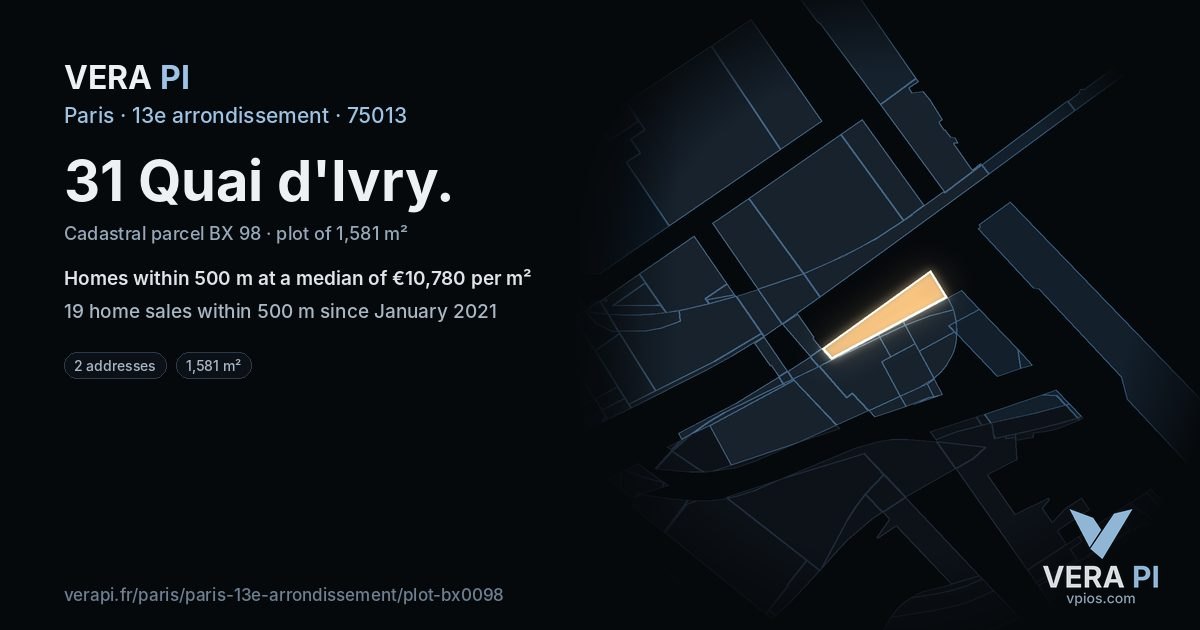 31 Quai d'Ivry, 13e arrondissement at night – the plot lit, the parcels around coloured by the prices near them