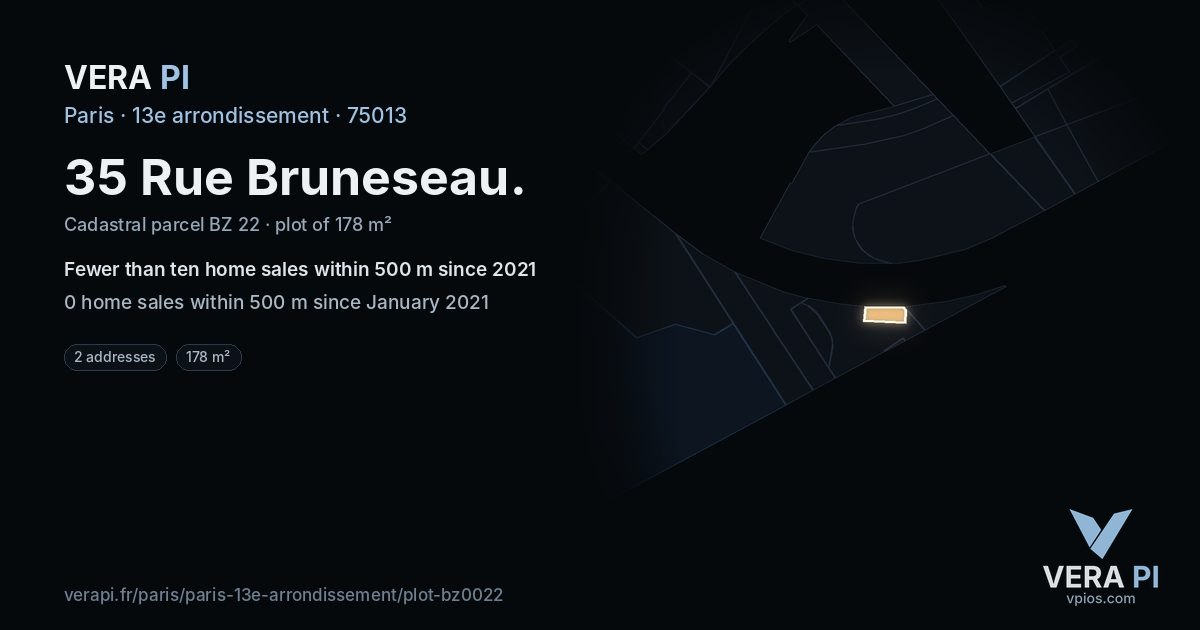 35 Rue Bruneseau, 13e arrondissement at night – the plot lit, the parcels around coloured by the prices near them