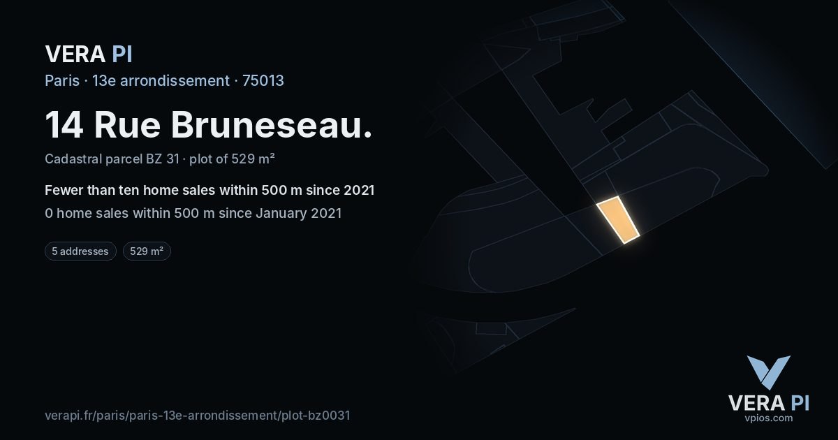14 Rue Bruneseau, 13e arrondissement at night – the plot lit, the parcels around coloured by the prices near them