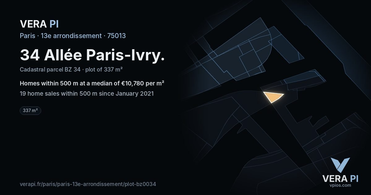 34 Allée Paris-Ivry, 13e arrondissement at night – the plot lit, the parcels around coloured by the prices near them