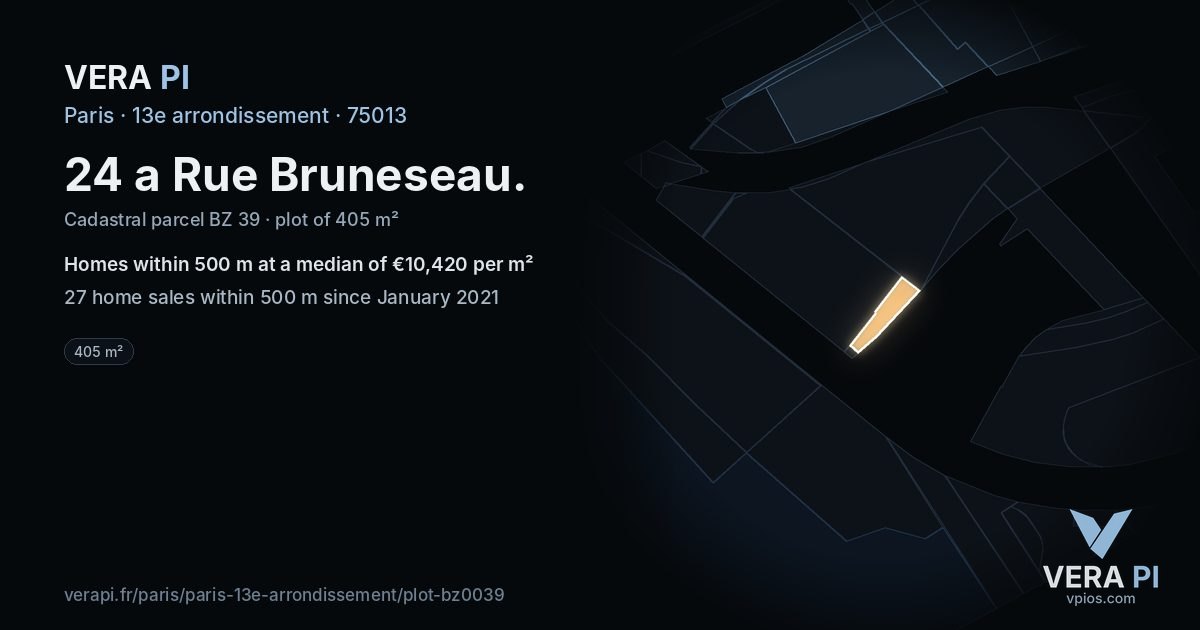24 a Rue Bruneseau, 13e arrondissement at night – the plot lit, the parcels around coloured by the prices near them