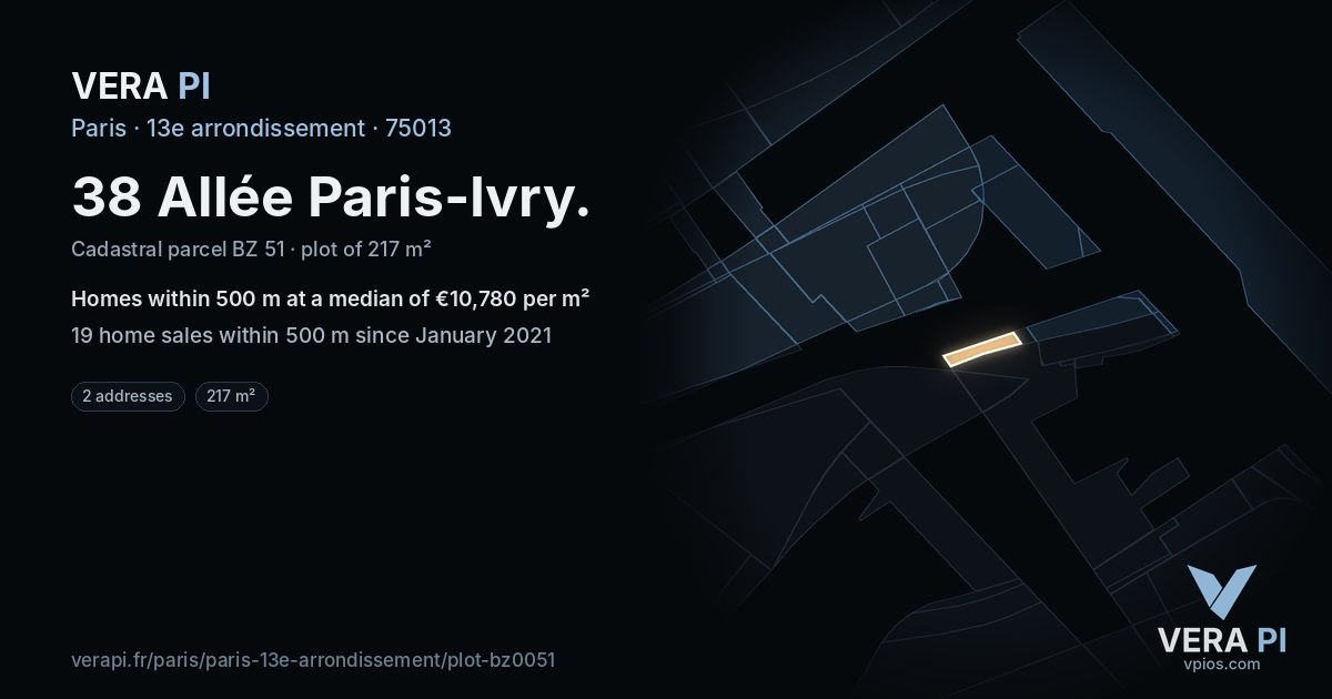 38 Allée Paris-Ivry, 13e arrondissement at night – the plot lit, the parcels around coloured by the prices near them