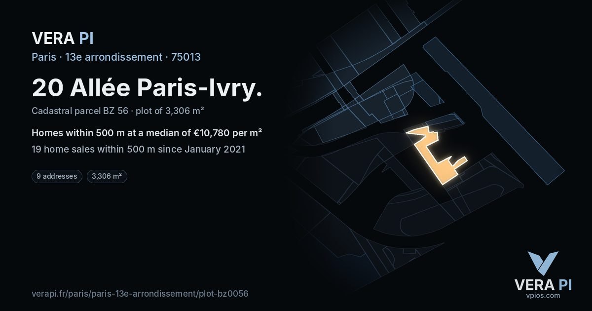 20 Allée Paris-Ivry, 13e arrondissement at night – the plot lit, the parcels around coloured by the prices near them