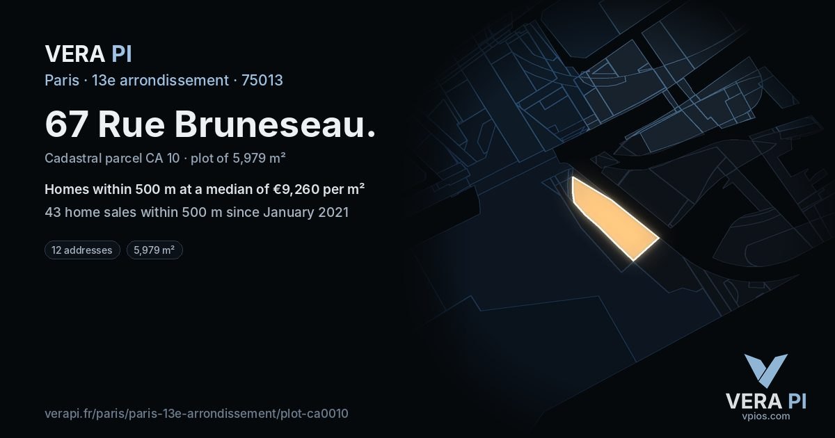 67 Rue Bruneseau, 13e arrondissement at night – the plot lit, the parcels around coloured by the prices near them