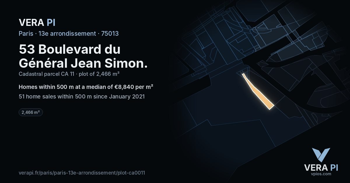 53 Boulevard du Général Jean Simon, 13e arrondissement at night – the plot lit, the parcels around coloured by the prices near them