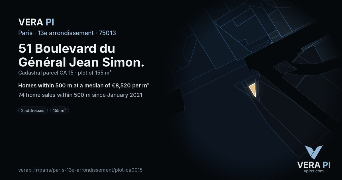 51 Boulevard du Général Jean Simon, 13e arrondissement at night – the plot lit, the parcels around coloured by the prices near them