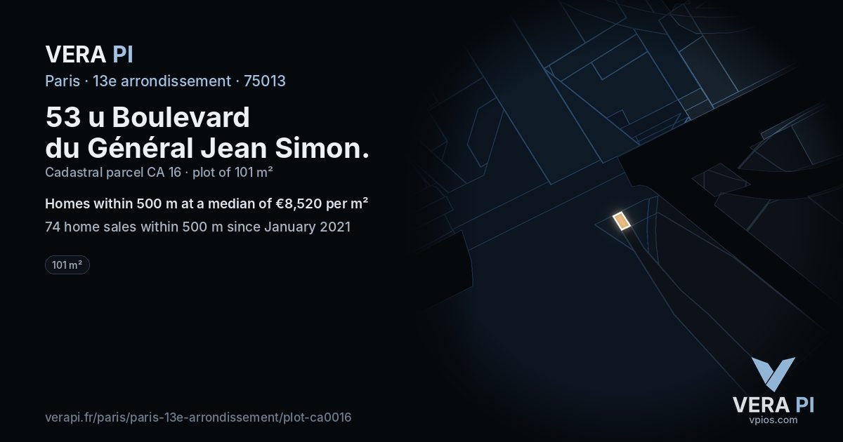 53 u Boulevard du Général Jean Simon, 13e arrondissement at night – the plot lit, the parcels around coloured by the prices near them