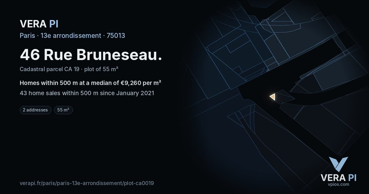 46 Rue Bruneseau, 13e arrondissement at night – the plot lit, the parcels around coloured by the prices near them