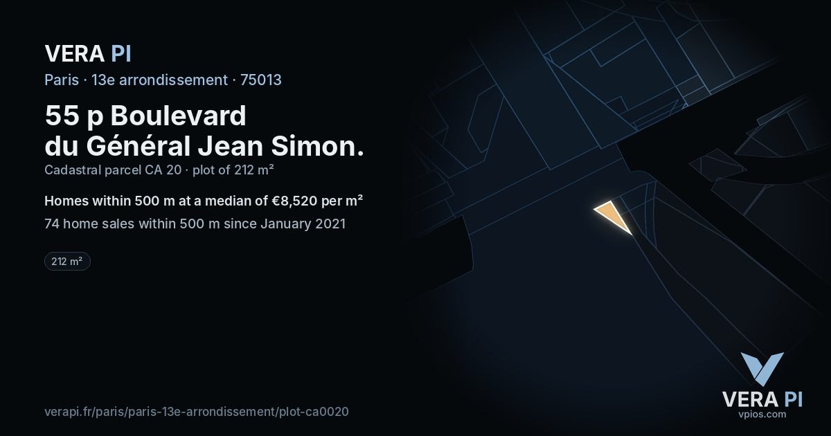 55 p Boulevard du Général Jean Simon, 13e arrondissement at night – the plot lit, the parcels around coloured by the prices near them