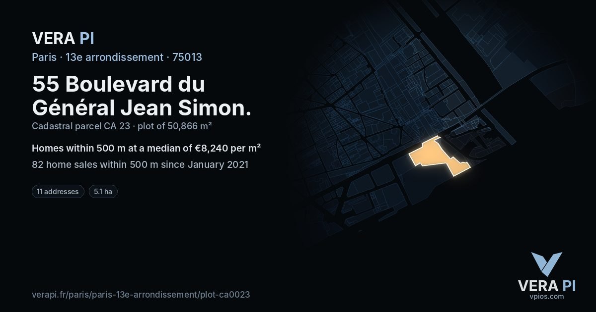 55 Boulevard du Général Jean Simon, 13e arrondissement at night – the plot lit, the parcels around coloured by the prices near them