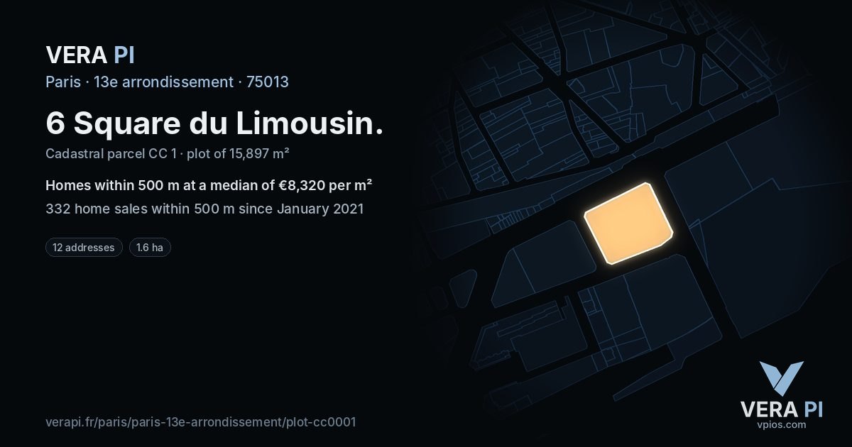 6 Square du Limousin, 13e arrondissement at night – the plot lit, the parcels around coloured by the prices near them