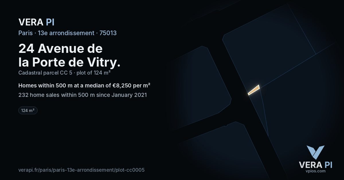 24 Avenue de la Porte de Vitry, 13e arrondissement at night – the plot lit, the parcels around coloured by the prices near them