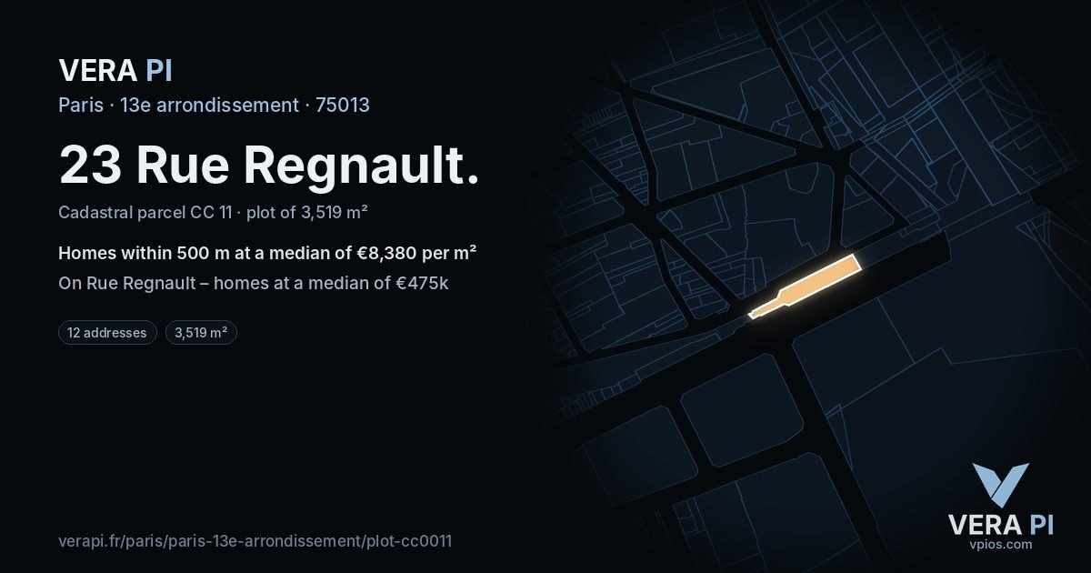 23 Rue Regnault, 13e arrondissement at night – the plot lit, the parcels around coloured by the prices near them