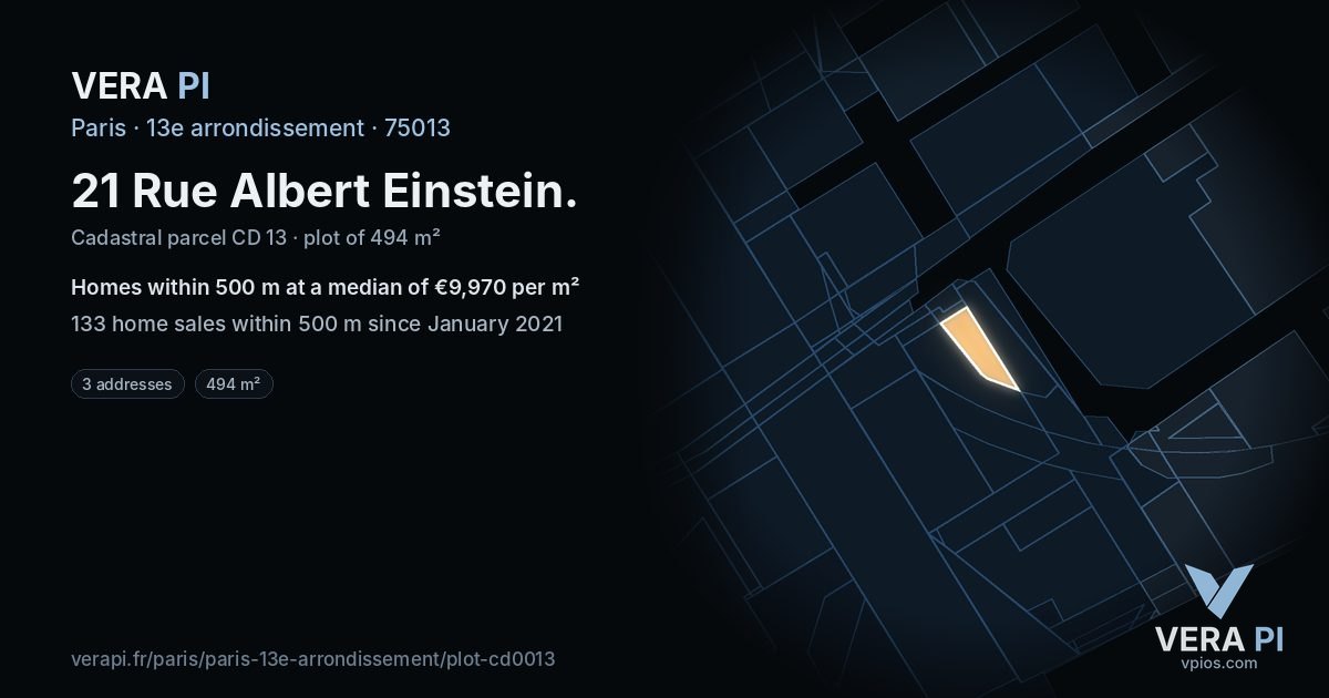 21 Rue Albert Einstein, 13e arrondissement at night – the plot lit, the parcels around coloured by the prices near them