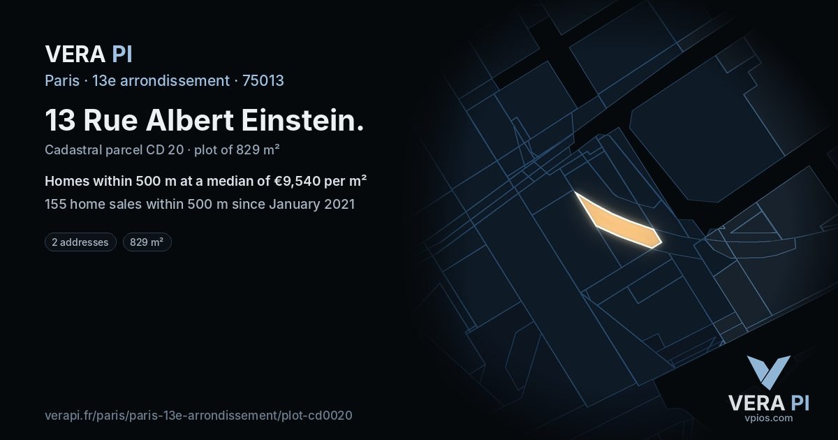 13 Rue Albert Einstein, 13e arrondissement at night – the plot lit, the parcels around coloured by the prices near them