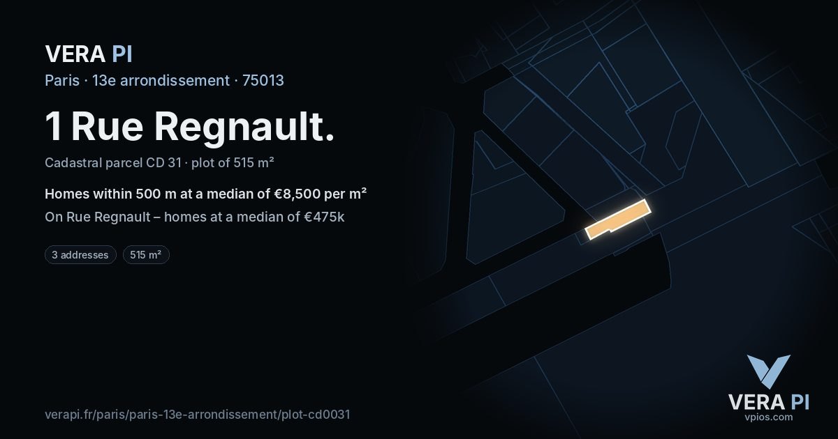 1 Rue Regnault, 13e arrondissement at night – the plot lit, the parcels around coloured by the prices near them