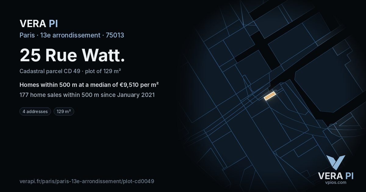 25 Rue Watt, 13e arrondissement at night – the plot lit, the parcels around coloured by the prices near them