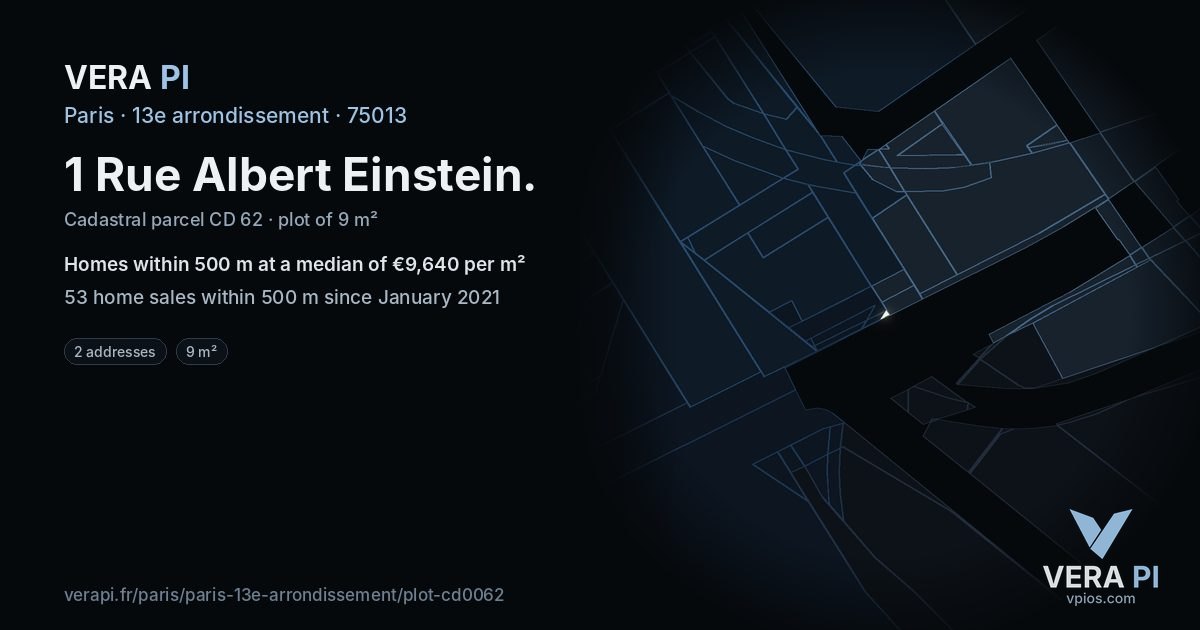 1 Rue Albert Einstein, 13e arrondissement at night – the plot lit, the parcels around coloured by the prices near them