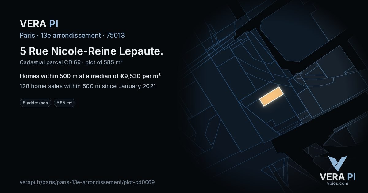 5 Rue Nicole-Reine Lepaute, 13e arrondissement at night – the plot lit, the parcels around coloured by the prices near them