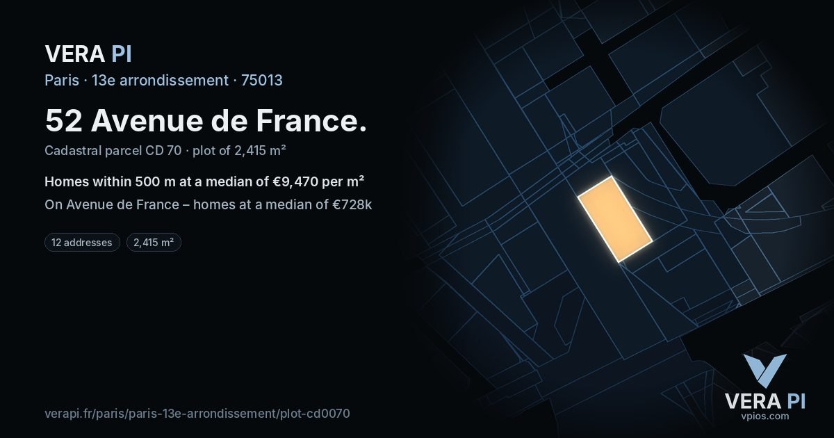 52 Avenue de France, 13e arrondissement at night – the plot lit, the parcels around coloured by the prices near them
