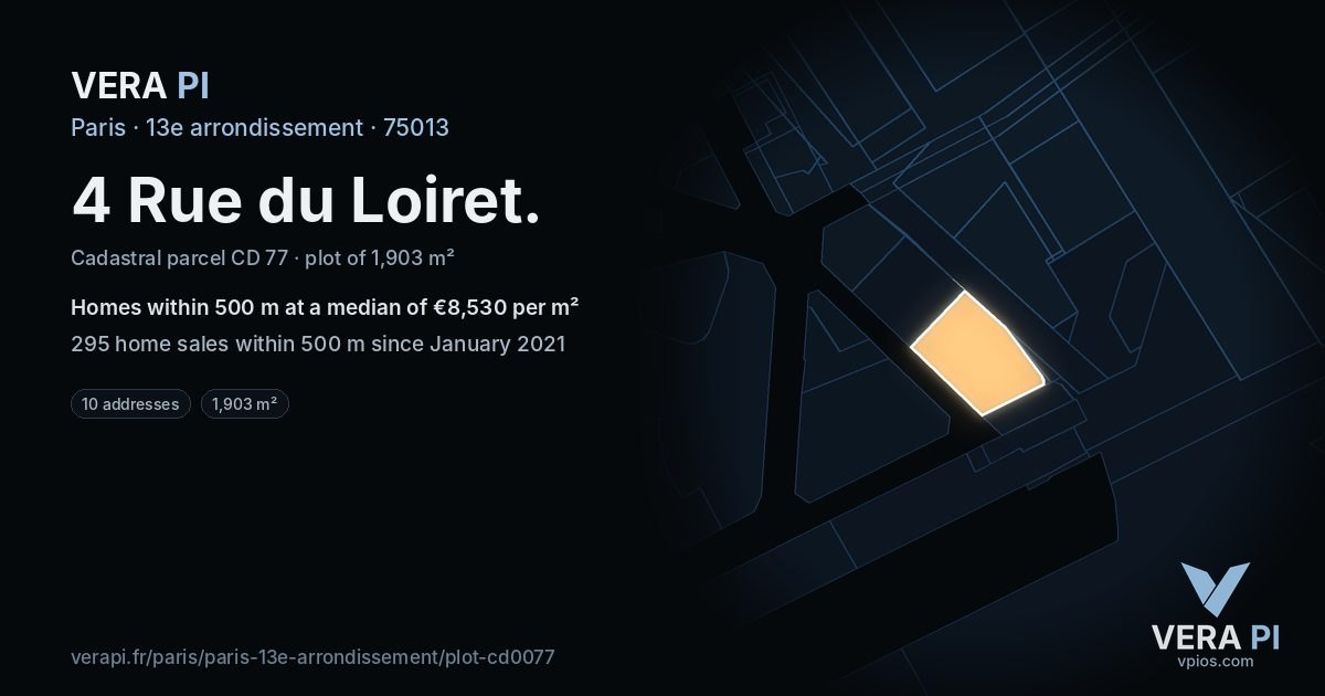 4 Rue du Loiret, 13e arrondissement at night – the plot lit, the parcels around coloured by the prices near them