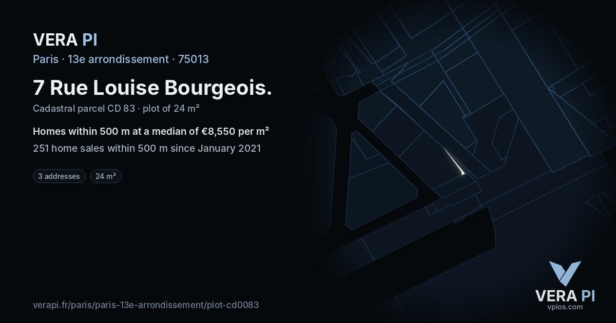 7 Rue Louise Bourgeois, 13e arrondissement at night – the plot lit, the parcels around coloured by the prices near them