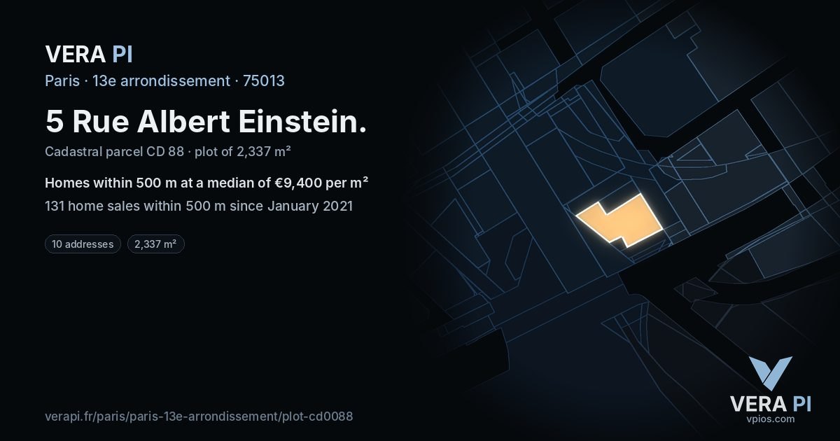 5 Rue Albert Einstein, 13e arrondissement at night – the plot lit, the parcels around coloured by the prices near them