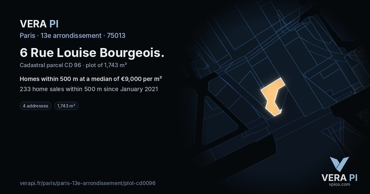 6 Rue Louise Bourgeois, 13e arrondissement at night – the plot lit, the parcels around coloured by the prices near them