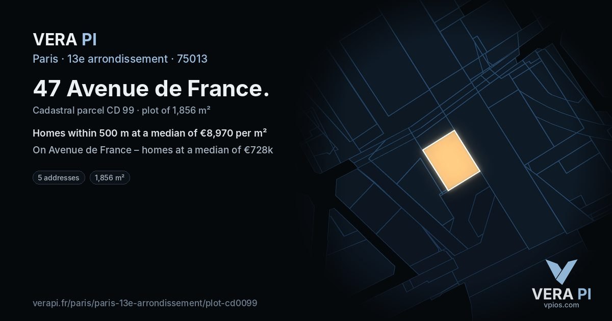 47 Avenue de France, 13e arrondissement at night – the plot lit, the parcels around coloured by the prices near them
