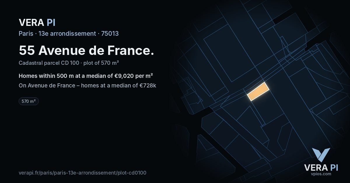 55 Avenue de France, 13e arrondissement at night – the plot lit, the parcels around coloured by the prices near them