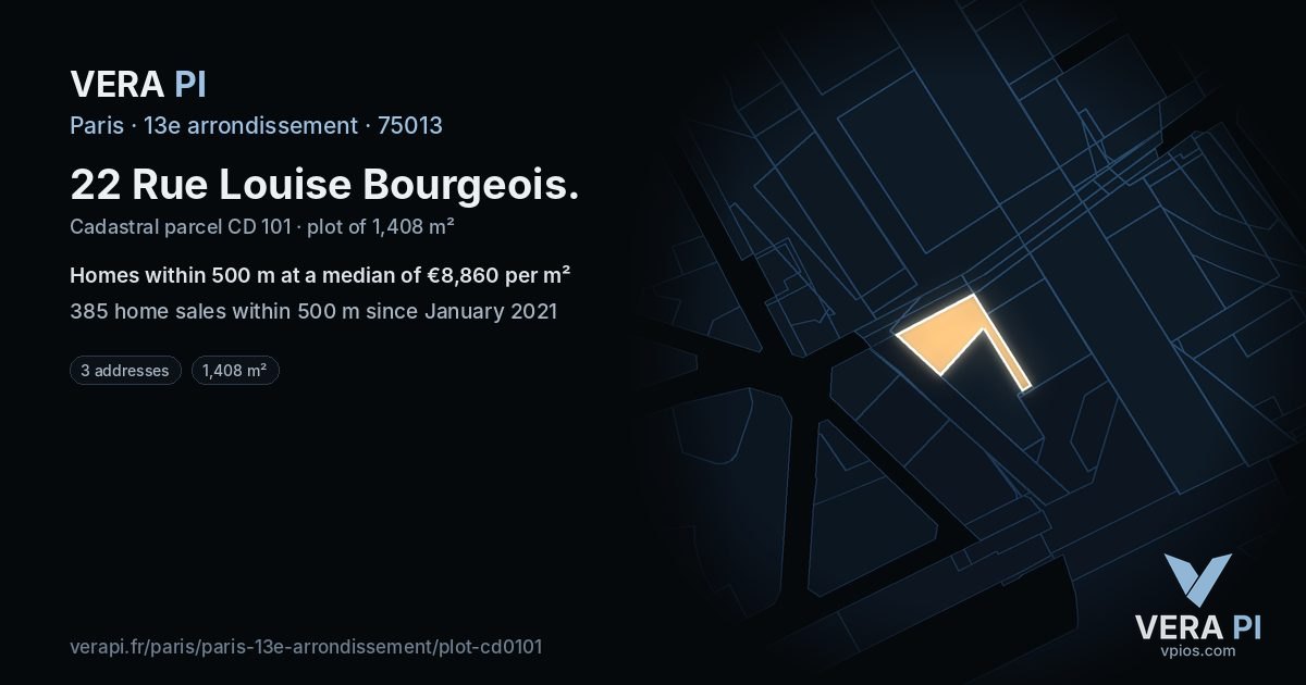 22 Rue Louise Bourgeois, 13e arrondissement at night – the plot lit, the parcels around coloured by the prices near them