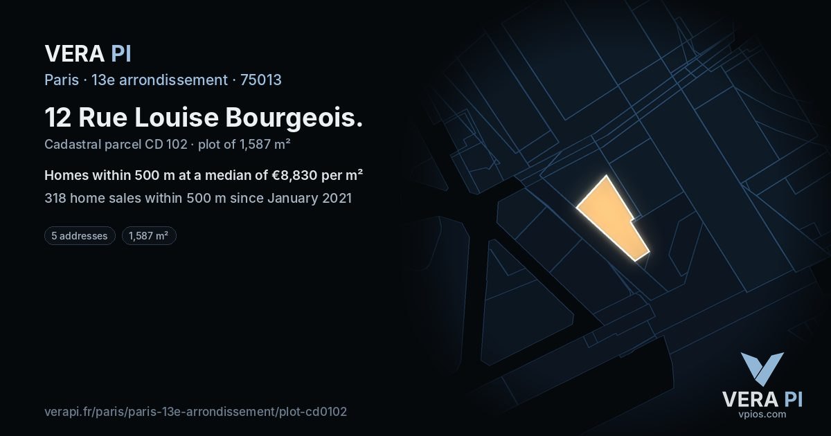 12 Rue Louise Bourgeois, 13e arrondissement at night – the plot lit, the parcels around coloured by the prices near them