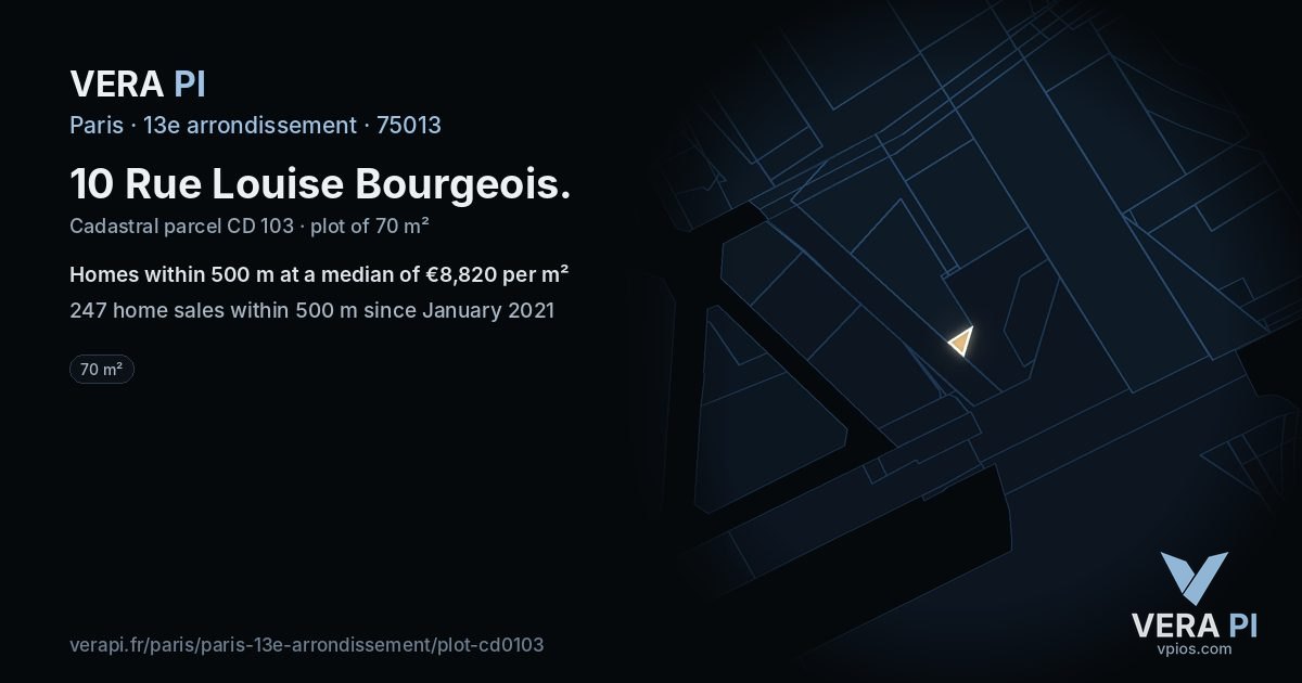 10 Rue Louise Bourgeois, 13e arrondissement at night – the plot lit, the parcels around coloured by the prices near them