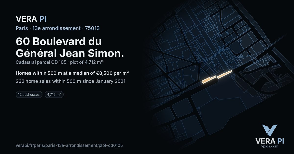 60 Boulevard du Général Jean Simon, 13e arrondissement at night – the plot lit, the parcels around coloured by the prices near them