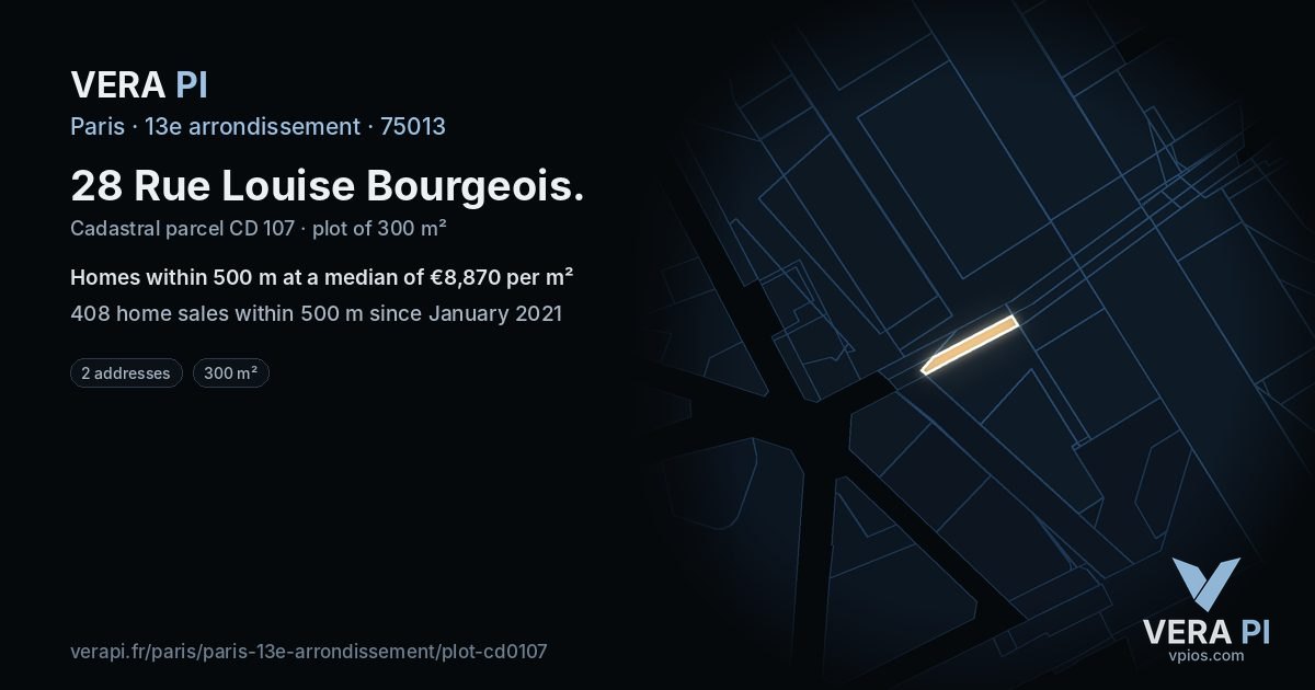 28 Rue Louise Bourgeois, 13e arrondissement at night – the plot lit, the parcels around coloured by the prices near them