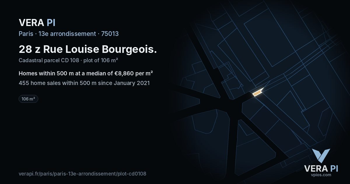 28 z Rue Louise Bourgeois, 13e arrondissement at night – the plot lit, the parcels around coloured by the prices near them