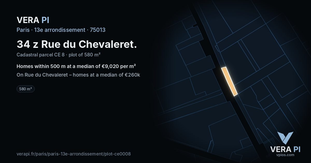 34 z Rue du Chevaleret, 13e arrondissement at night – the plot lit, the parcels around coloured by the prices near them