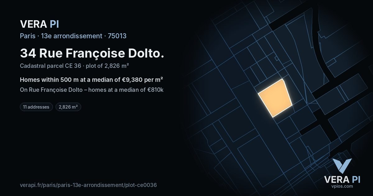 34 Rue Françoise Dolto, 13e arrondissement at night – the plot lit, the parcels around coloured by the prices near them