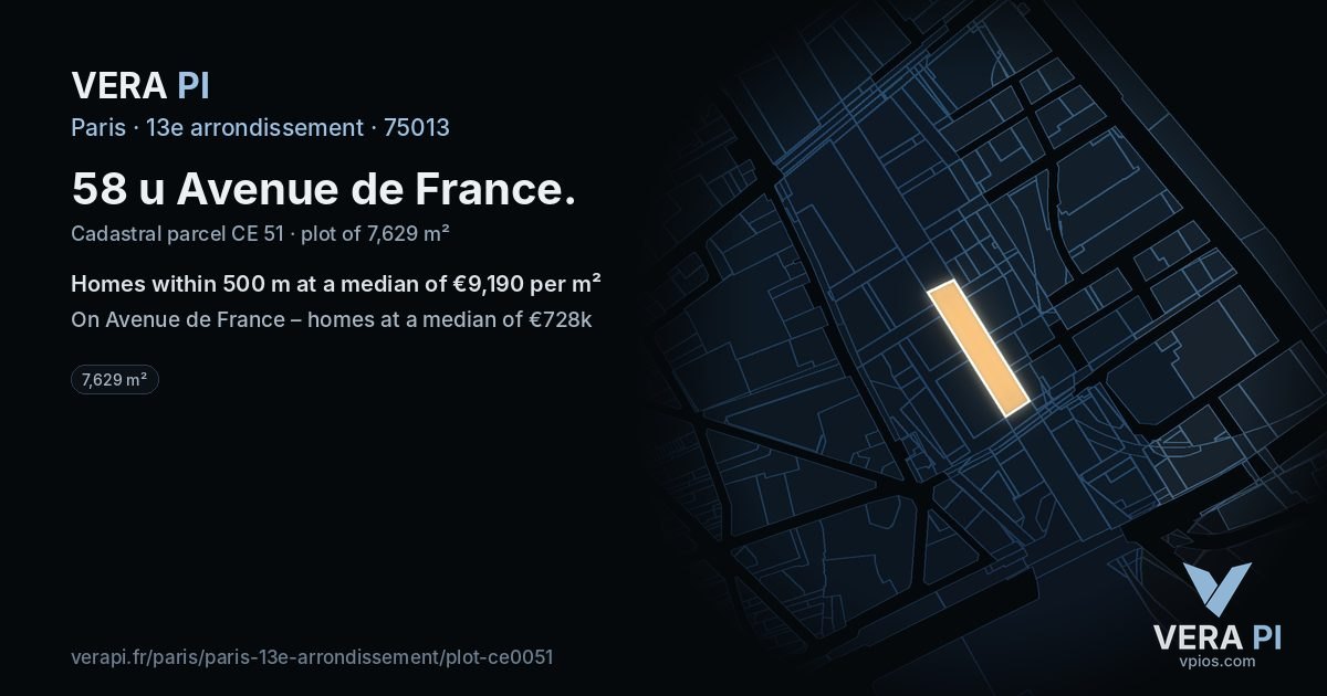 58 u Avenue de France, 13e arrondissement at night – the plot lit, the parcels around coloured by the prices near them