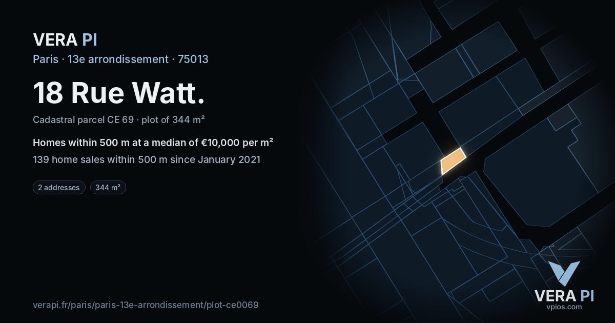 18 Rue Watt, 13e arrondissement at night – the plot lit, the parcels around coloured by the prices near them