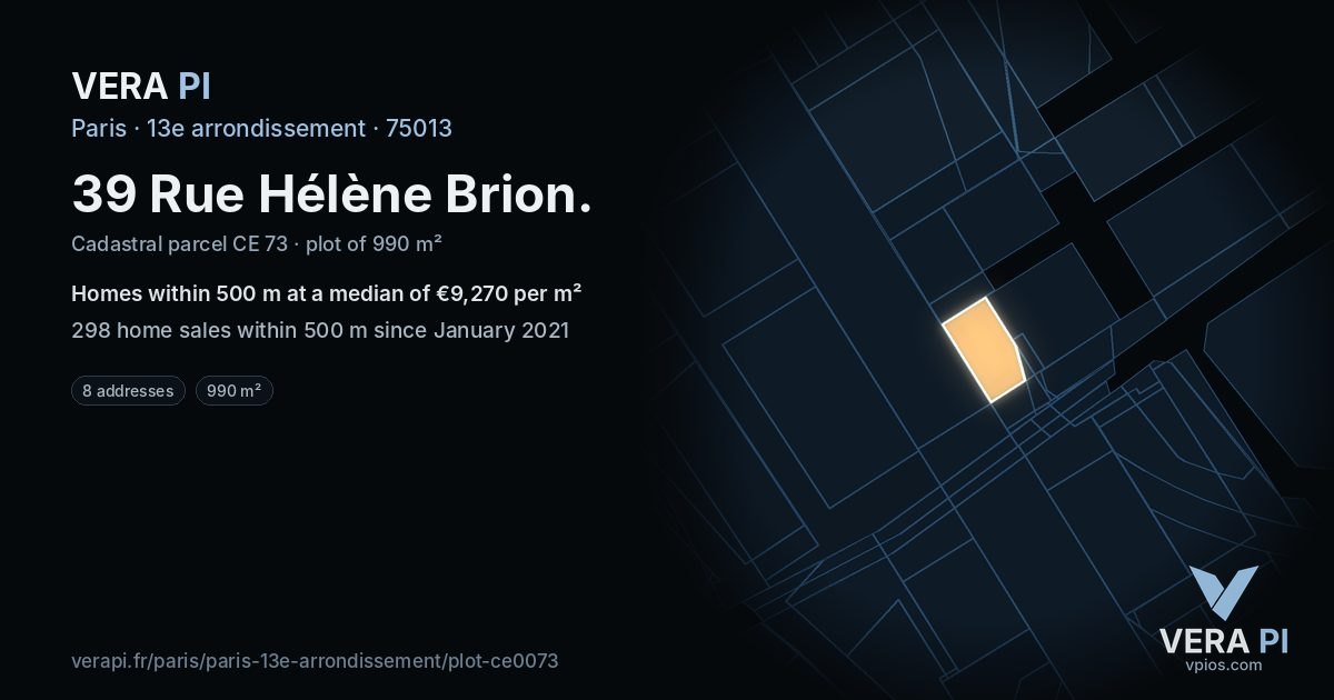39 Rue Hélène Brion, 13e arrondissement at night – the plot lit, the parcels around coloured by the prices near them