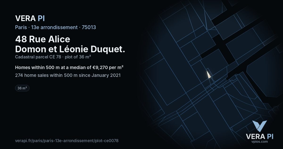 48 Rue Alice Domon et Léonie Duquet, 13e arrondissement at night – the plot lit, the parcels around coloured by the prices near them